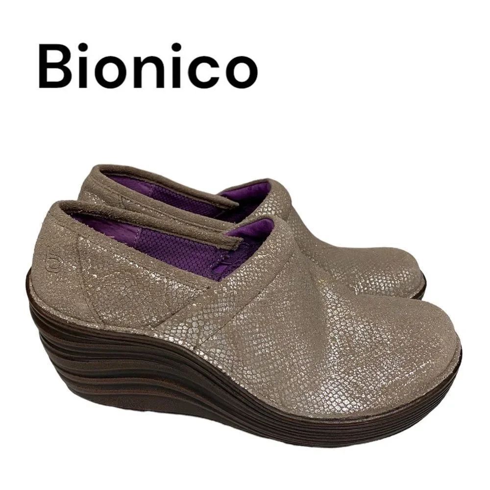 Bionico Women's Leather Metallic Slip On Wedge Clogs 7.5